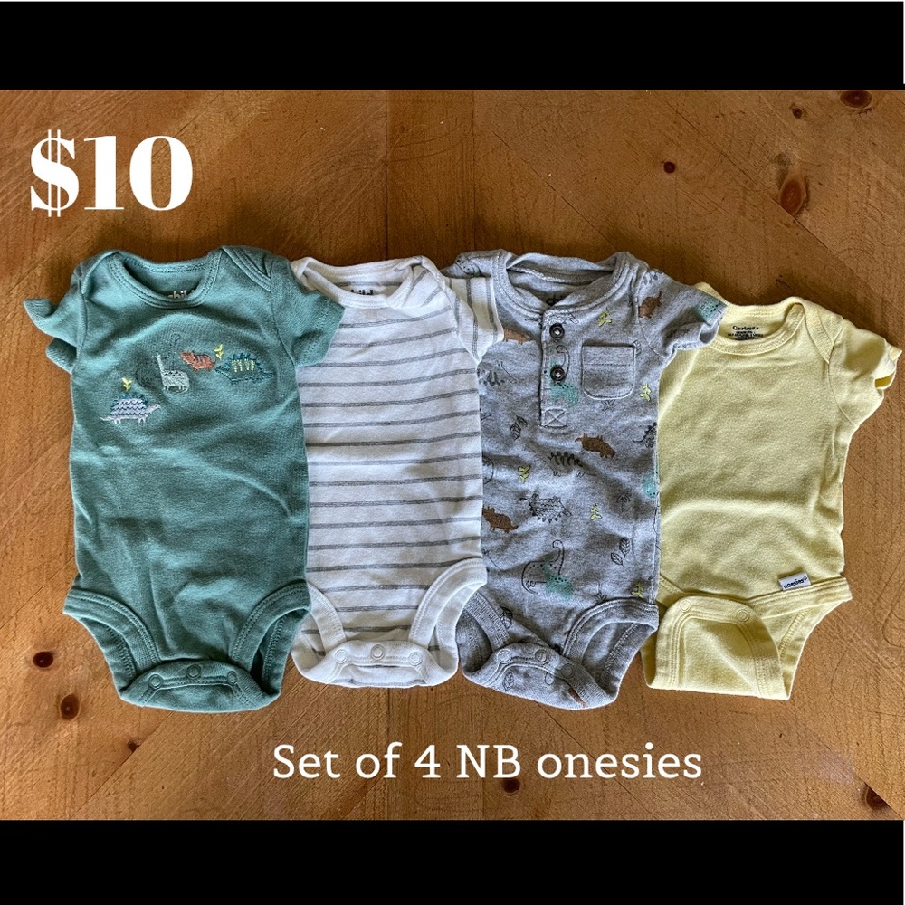 SET OF 4 - BABY BOY SHORT SLEEVE ONESIES - NB - DINOSAUR THEME/ASSORTED PATTERN